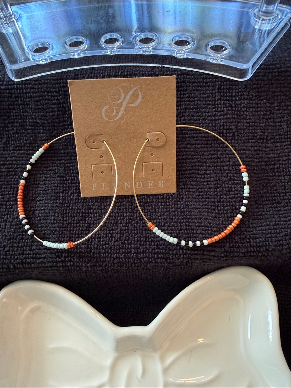 Plunder Gold Hoop Earrings with Orange, White & Black Beads